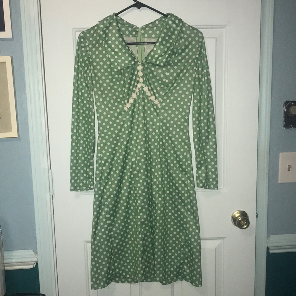 Handmade vintage dress.  Green white polka dots